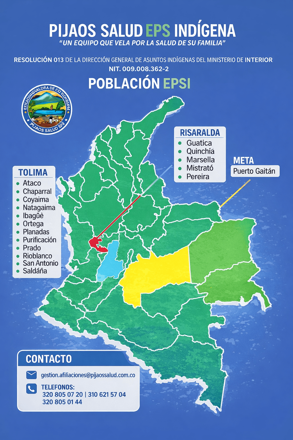 Cobertura de operación Pijaos Salud EPS Indígena